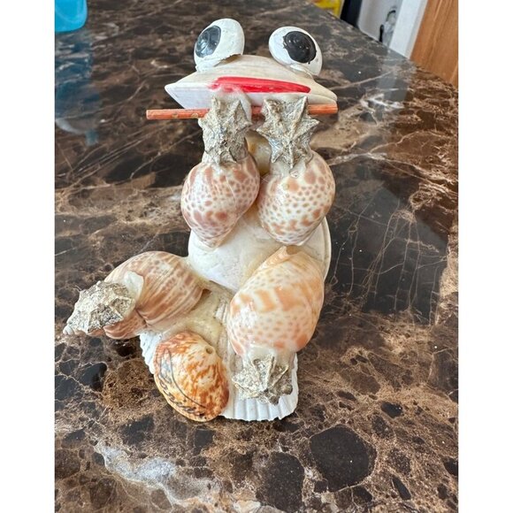 Handmade Shell Frog Figurine With Googly Eyes & Stick Sea Shells StarFish Beach - Picture 10 of 12